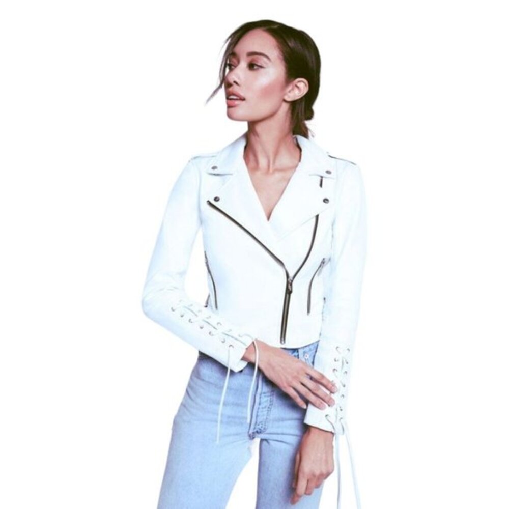 NWT The Mighty Company Florence Leather Moto Jacket White Lace Up Sleeve Size M